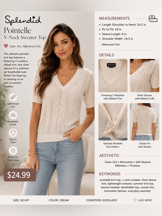 Splendid Tops - Splendid Cream Diamond-Pointelle V-Neck Knit Top